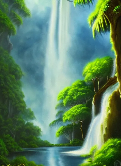 Image similar to a painting of a waterfall in the jungle, a detailed matte painting by bob ross, deviantart, fantasy art, matte painting, detailed painting, 2 d game art