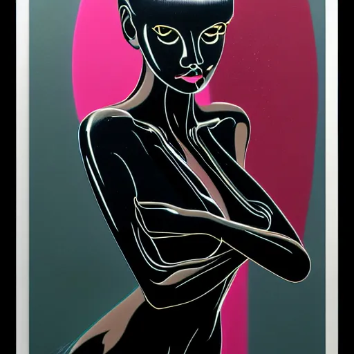 Image similar to portrait of woman with a black cat, confident pose, night, art by peter lloyd, 1 9 8 0's art, retro art airbrush style, art by hajime sorayama,, intricate, elegant, sharp focus, illustration, highly detailed, concept art, matte, sharp focus, illustration, highly detailed, concept art, h 6 4 0