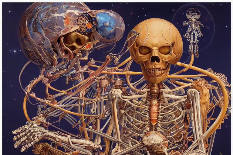 Prompt: skeleton in space by james jean and salvador dali and shusei nagaoka, oil on canvas, evangelion, eva unit 0 1, exquisitely intricate details, surrealism, neoclassicism, renaissance, hyper realistic, ultra detailed, cell shaded, 8 k