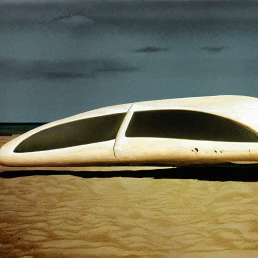 Image similar to a rectangular space ship hover over a beach by h. r. giger.