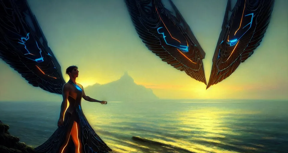 Prompt: tron wings in front sunset, cliffside ocean scene, backlit, aesthetic, diffuse lighting, hyper realistic, elegant, intricate, hyper detailed, smooth, sharp focus, concept art, illustration, trending on artstation, art by artem demura, greg rutkowski, james gurney, and alphonse mucha