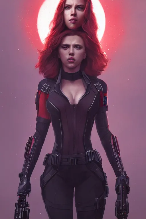 Image similar to a fancy portrait of a Scarlett Johansson as black widow by Greg Rutkowski, Sung Choi, Mitchell Mohrhauser, Maciej Kuciara, Johnson Ting, Maxim Verehin, Peter Konig, final fantasy , mythical, 8k photorealistic, cinematic lighting, HD, high details, atmospheric,