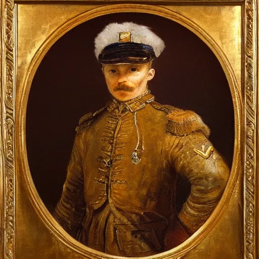 Prompt: oil painting of an anthropomorphic lion in military uniform, amazing detail, painted by rembrandt