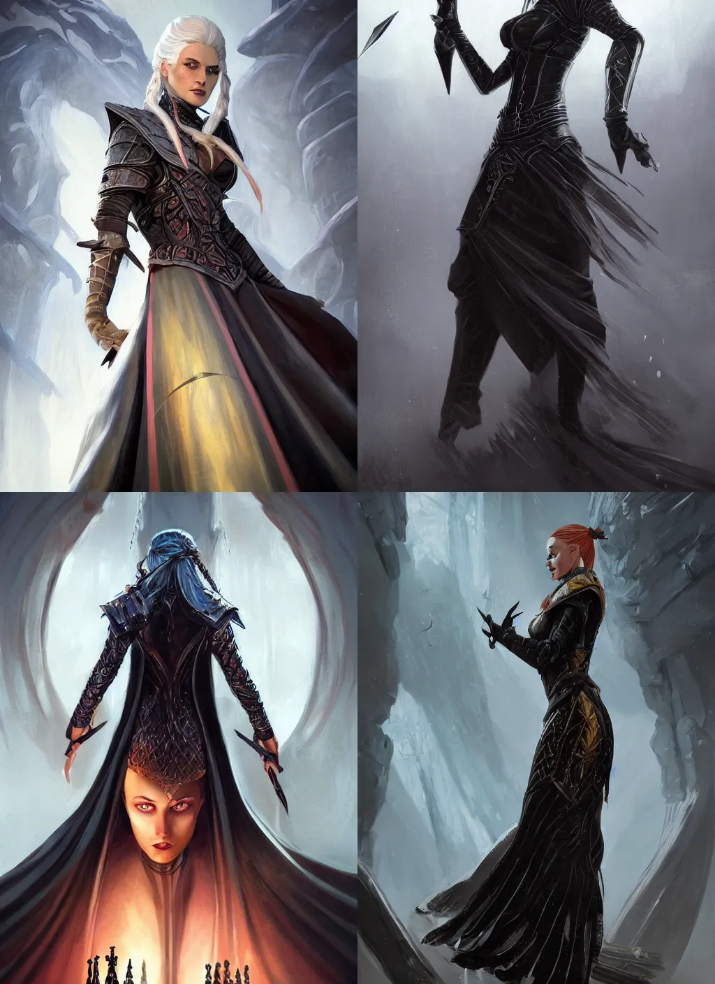 Prompt: a tall, serious woman wearing a glossy black dress shaped like a chess piece, chess motiff, blonde braided hair. fantasy concept art. moody epic painting by james gurney, and jeff easley. artstationhq. painting with vivid color. ( dragon age, witcher 3, lotr )