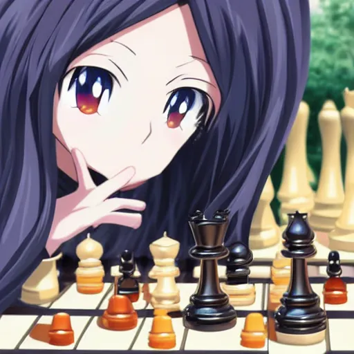 Prompt: anime portrait of long black hair anime girl pondering next to a chess set, cute, official art