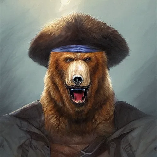 Image similar to dashing charming grinning charismatic bear beast-man rogue, wearing captain's tricorne hat, naval background, amazing, lifelike award winning pencil illustration trending on art station artgerm Greg rutkowski cinematic