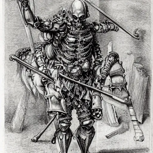 Image similar to skeleton warrior with a very ornate armor, very detailed, complex drawing, hyper detailed, renaissance, monochrome, albert durer style