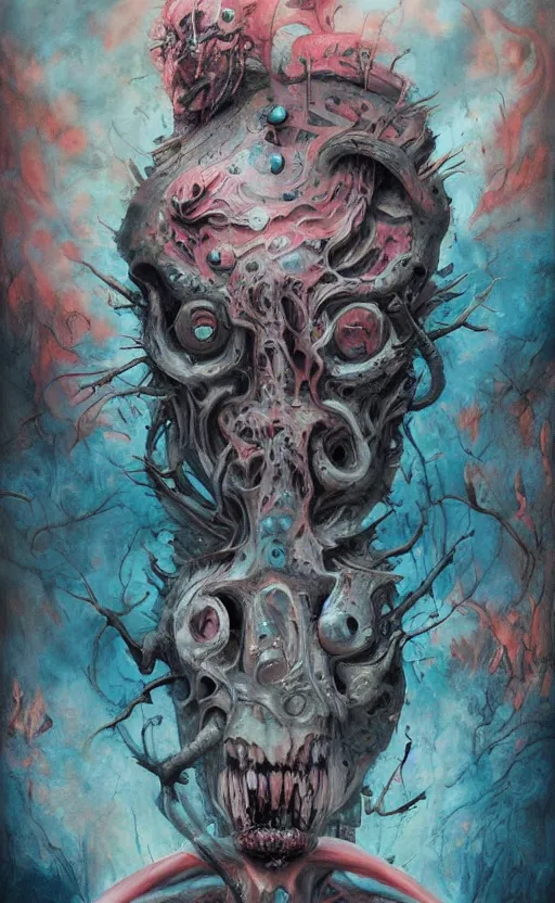 Prompt: a biomorphic painting of a warrior with edgy armor and eyeballs in it, a surrealist painting by Nychos, by Peter Mohrbacher, by Beksinski, pastel blues and pinks, featured on artstation, metaphysical painting, oil on canvas, fluid acrylic pour art, airbrush art,