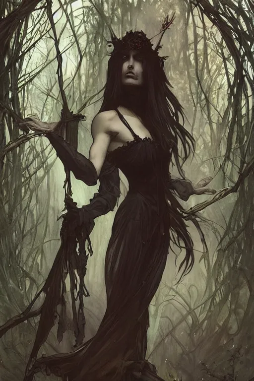 Image similar to gothic queen in the darkness of the forest art by artgerm and Greg Rutkowski and Alphonse mucha and Darek Zabrocki and zdzislaw beksinki, gothic, trending on artstation, artstationHD, artstationHQ, 4k, 8k