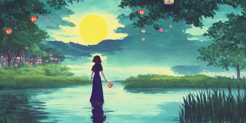 Image similar to A medium shot painting of a beautiful girl walking by the lake while holding her pet Green Head Mallard Duck, with paper lanterns rising in the sky, dusk, by Studio Ghibli