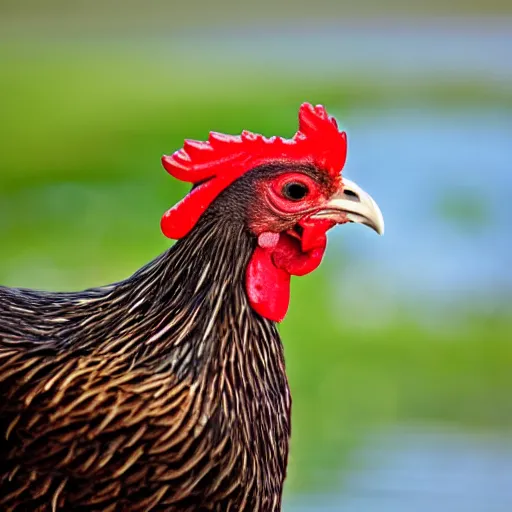 Image similar to close up photo of a chicken, drinking water from a lake in tasmania, bokeh, 4 0 0 mm lens, 4 k award winning nature photography