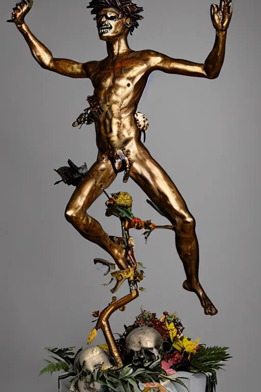 Image similar to Jean-Michel Basquiat as a bronze full-body statue of Icarus spreading his arms and arching his back for flight, glowing quartz crystal skull, wreath of ferns, flowing sakura-colored silk, fabric, flowers. baroque elements, human skull. full-length view. baroque element. intricate artwork by caravaggio. many many birds birds on background. Trending on artstation. halo. octane render, cinematic, hyper realism, octane render, 8k, depth of field, 3D