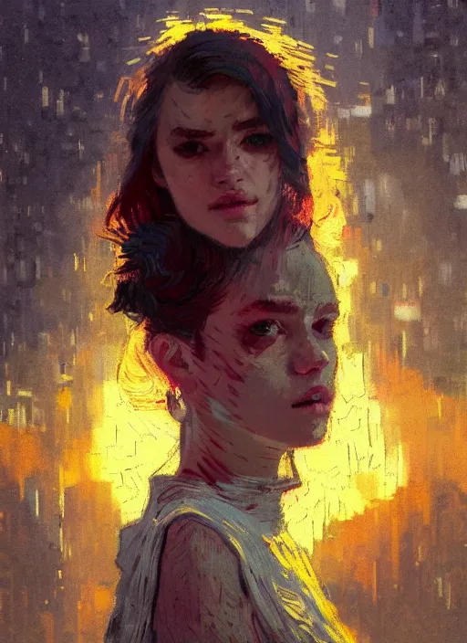 Image similar to portrait of a beautiful girl, new york backdrop, sad, sunset shades, beautiful face, rule of thirds, intricate outfit, spotlight, by greg rutkowski, by jeremy mann, by francoise nielly, by van gogh, digital painting