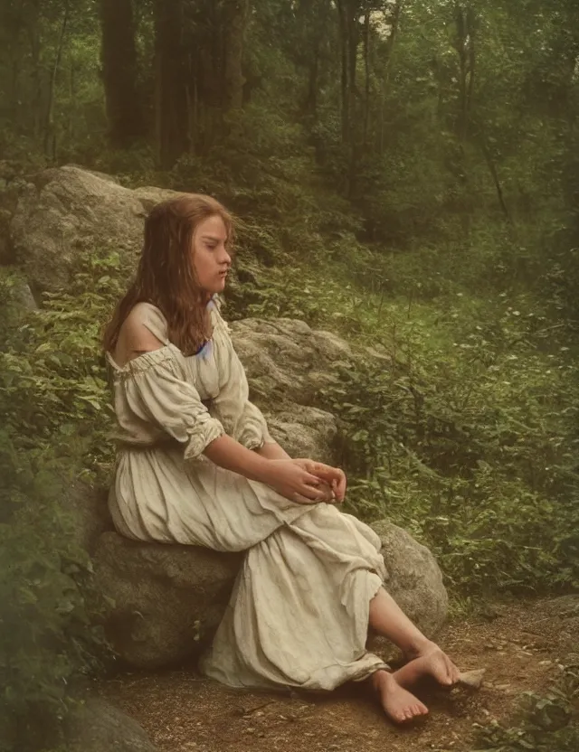 Prompt: peasant girl sadly sitting on a stone in a forest, Cottage core, Cinematic focus, Polaroid photo, vintage, neutral colors, soft lights, foggy, by Steve Hanks, by Andrei Tarkovsky, by Terrence Malick, 8k render, detailed, oil on canvas