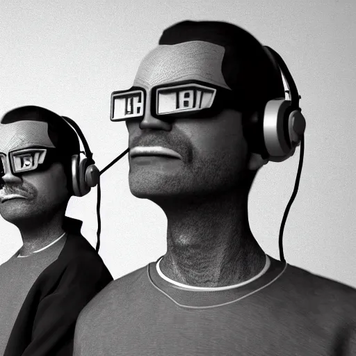 Image similar to RPG character concept art, duo of musicians wearing holographic headset interface, in the style of Jamie Hewlett Hiroya Oku Riyoko Ikeda, 3d render, artstation trending, 8k, octane render, photorealistic, sharp detail, manga, black and white