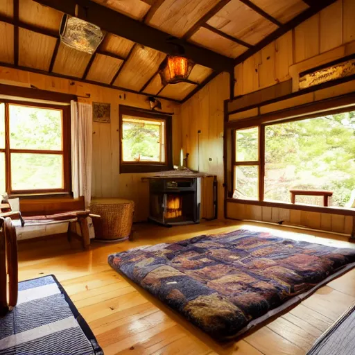 Image similar to photo of interior of cozy cottage with english and japanese style, forest theme