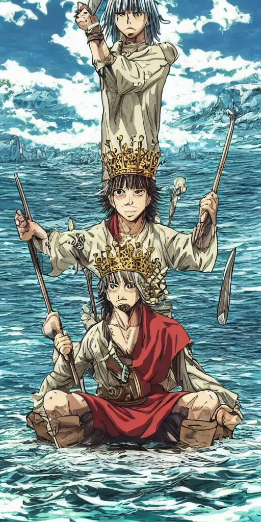 Image similar to a single lone king sitting on a throne floating on water in the middle of a lake drawn by Makoto Yukimura in the style of Vinland saga anime, full color, detailed,