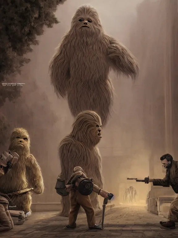 Prompt: rich evans and mike stoklasa save george lucas from a crackhead wookie in 1 9 3 0 s paris, hyperrealistic, 4 k, ultra detailed, intricate detail, octane render, photorealistic, art by zdzisław beksinski