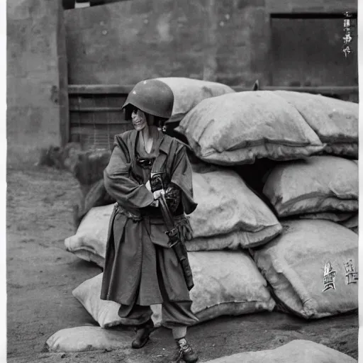 Image similar to manga, monochromatic, miura kentaro, side portrait of a girl, trench and sandbags in background, soldier clothing