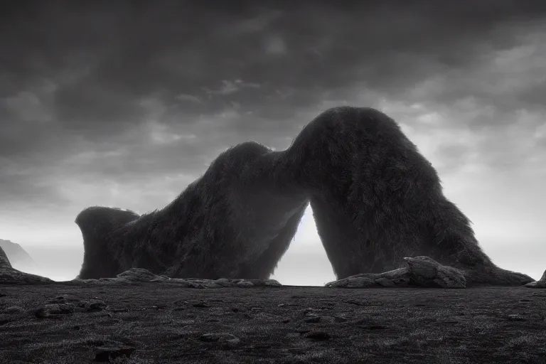 Prompt: a sublime black and white landscape photograph, silhouette of a giant monster in the distance, in the style of ansel adams, octane render 8 k