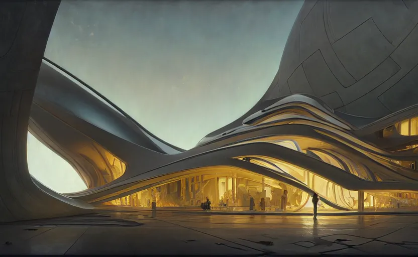 Prompt: exterior shot of utopian architecture laboratory with cinematic lighting by zaha hadid and renzo piano, darek zabrocki and greg ruthkowski, alphonse mucha, simon stalenhag, cinematic, symmetry, scifi, futurism, atmospheric, sunset, concept art, artstation, trending on artstation