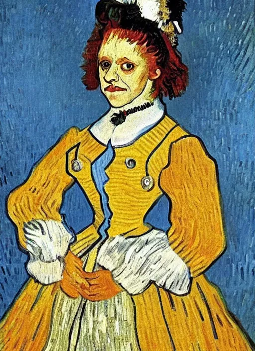 Prompt: king charles cavalier in a dress, painting by van gogh, award winning art