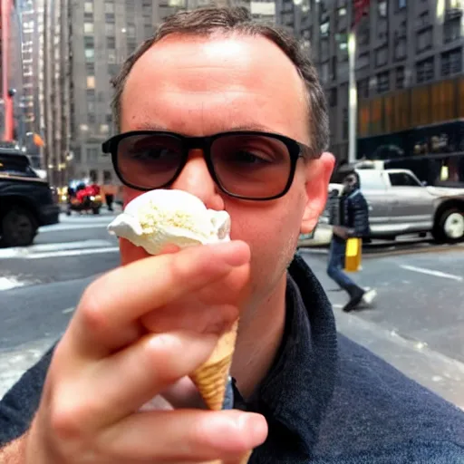 Prompt: a very sad man holding a very tiny cup of ice cream in nyc. photograph.