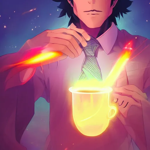 Image similar to A man drinking a cup of cosmic energy bright light, illustration, anime style, Artgerm, 4k, digital art, surreal, anime style, space dandy style, highly detailed, godsend, artstation, digital painting, concept art, smooth, sharp focus,