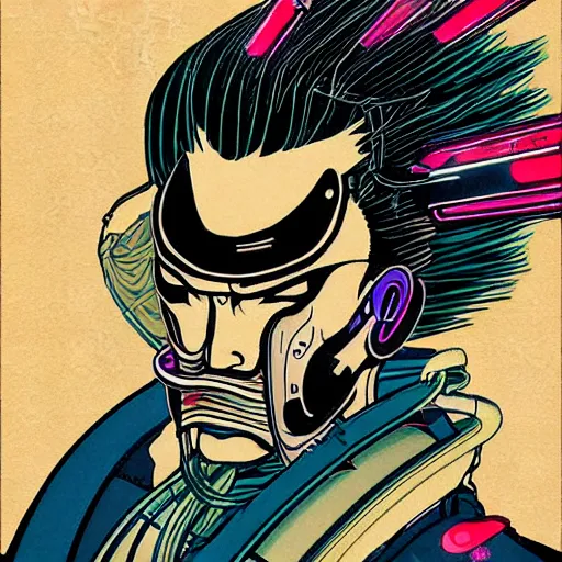Prompt: cyberpunk synth wave samurai in the style of hokusai
