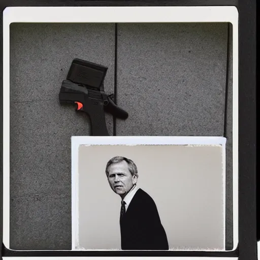 Prompt: polaroid of George W. Bush wearing a black hoodie holding a handgun sitting on a curb in the bronx, 8k, very intricate, very detailed,