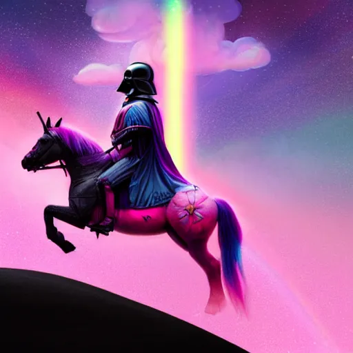 Prompt: beautiful matte painting, rainbow colored pink pink darth vader costume wearing pink wearing pink, riding a unicorn, riding a unicorn, riding a unicorn over a glittering rainbow in space by lisa frank and dan mumford, octane render, HDR, vivid color, volumetric lighting, unreal engine, concept art, CGsociety, trending on artstation