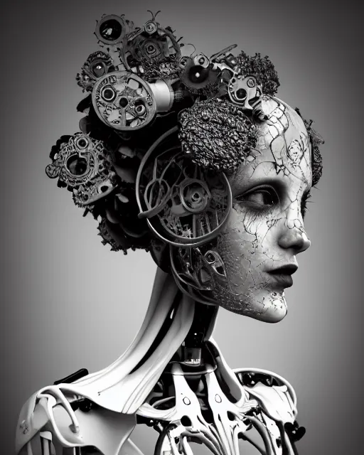 Image similar to black and white dreamy foggy smoky profile face portrait, one silver steampunk realistic eye biomechanical beautiful young female cyclope - cyborg - robot bust, body ribs meshes,, volumetric light, hibiscus flowers, by hg giger, rim light, by dora maar and cecile beaton, big gothic fashion pearl embroidered collar, 8 k