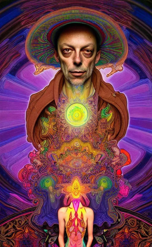 Image similar to An extremely psychedelic celestial larry harvey in his hat, colorful, surreal, dramatic lighting, magic mushrooms, psilocybin, LSD, face, detailed, intricate, elegant, highly detailed, digital painting, artstation, concept art, smooth, sharp focus, illustration, art by Krenz Cushart and Artem Demura and alphonse mucha