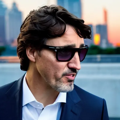 Prompt: a still of Justin Trudeau wearing sunglasses. He's wearing a suit, dark. Studio lighting, shallow depth of field. Professional photography City at night in background, lights, colors,4K