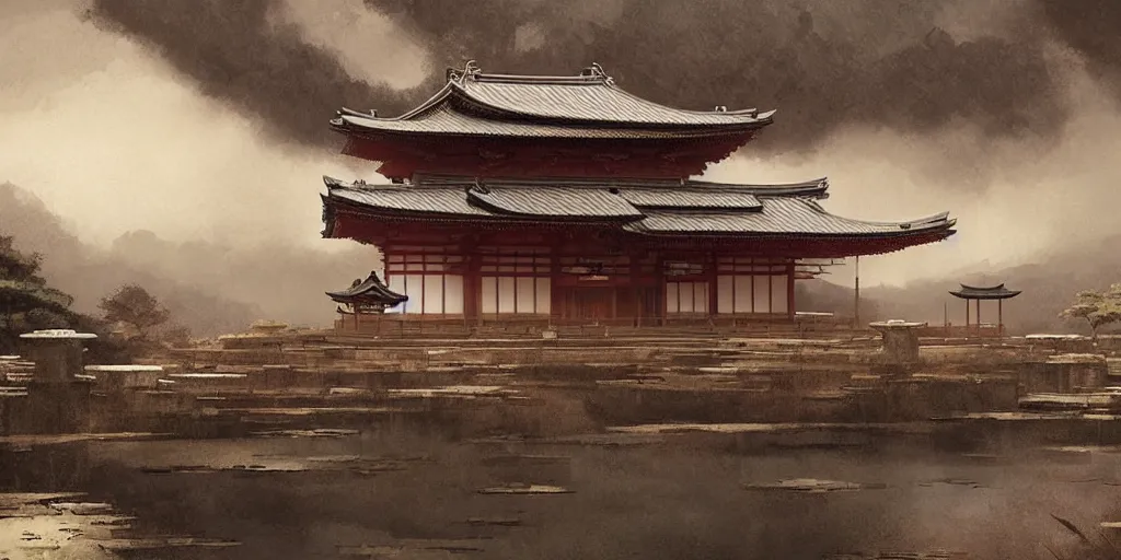 Prompt: a beautiful japanese temple, samurai riding horse, a fantasy digital painting by greg rutkowski