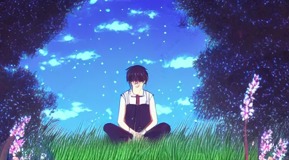 Image similar to Kokomi sitting in a field of Ghibli Clover | Big Moon at Blue Night | GLOWING FLOWERS | strong blue rimlit | visual-key | anime illustration | highly detailed High resolution | in the style of Anmi