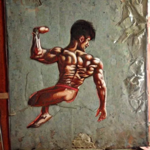 Image similar to an old fresco of aziz sergeyegich shavershian aka zyzz with wings