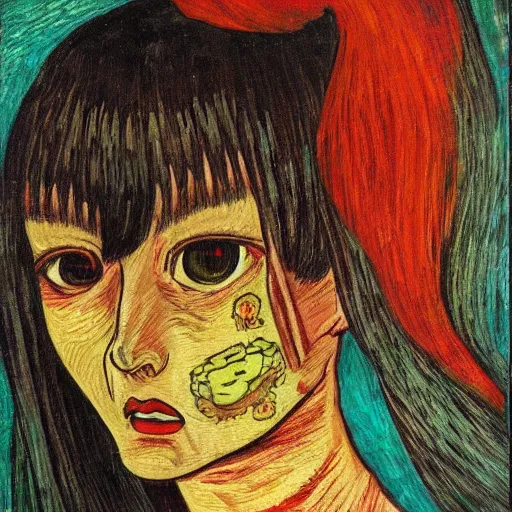 Prompt: tomie originally by junji ito instead in the style of vincent van gogh, oil on canvas