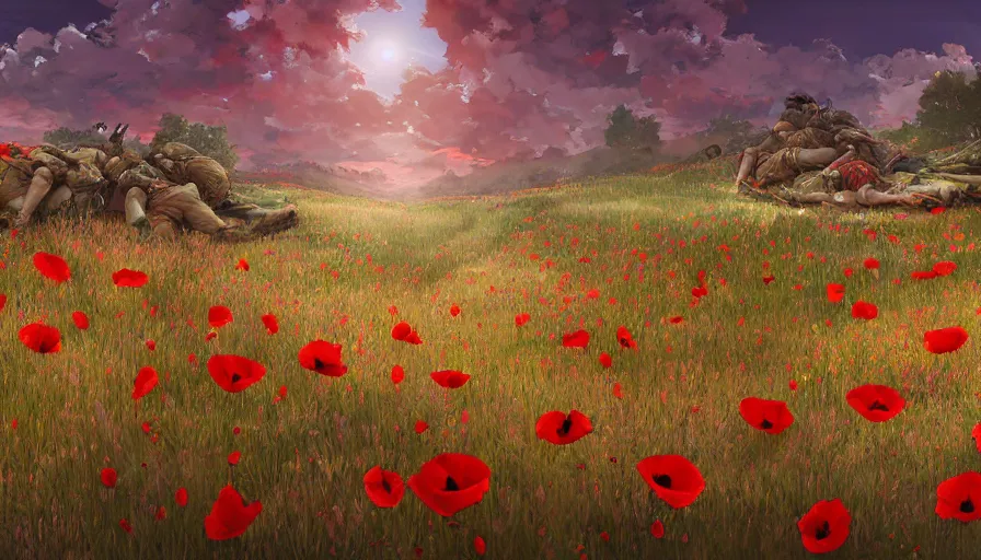 Prompt: the beautiful, dreamy, red panoramic view of dead calvary soldiers on a field and rocks red poppies at dusk. my soldiers, rage! hyperrealistic anime background illustration by kim jung ki, colorful, extremely detailed intricate linework, smooth, super sharp focus, bright colors, high contrast, matte, octopath traveler, unreal engine 5 highly rendered, global illumination, radiant light