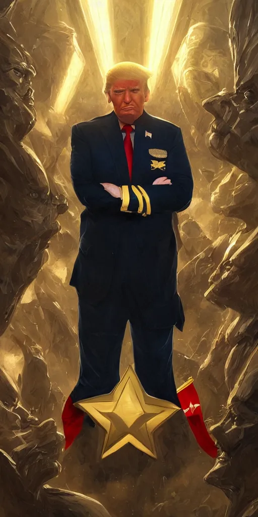 Image similar to portrait of Donald Trump wearing his starfleet captains uniform, realistic character concept, high fantasy, light atmosphere, golden ratio, cinematic lighting, hyperdetailed, high resolution, insanely detailed and intricate, artstation, Marc Simonetti, Greg Rutkowski