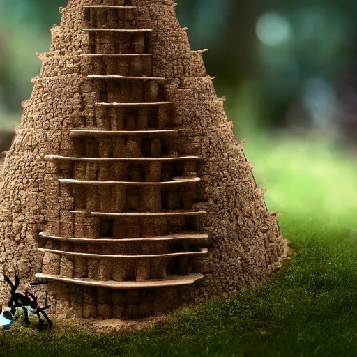 Image similar to ants building a tower of babel, depth of field, dslr, tilt shift, stone tower, 8k, nature photography