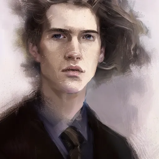 Prompt: Portrait of an androgynous man by Greg Rutkowski, he is about 30 years old, mixture between russian and irish, long fluffy blond curly hair, attractive, extremely pale white skin, smart looking, he is wearing a black futuristic lawyer outfit, highly detailed portrait, scifi, digital painting, artstation, concept art, smooth, sharp foccus ilustration, Artstation HQ