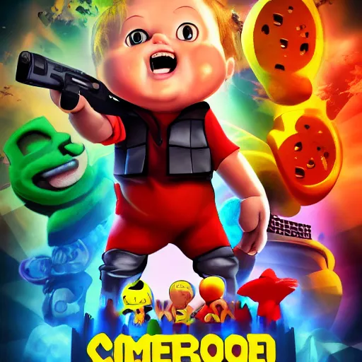 Image similar to video game poster featuring a cartoon baby, dramatic lighting, highly detailed, 4 k