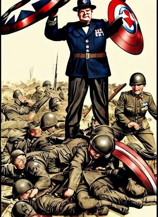 Image similar to winston churchill captain america standing on a pile of defeated, beaten and broken german soldiers. captain england wins wwii. brittish wwii propaganda poster by james gurney and pixar. overwatch.