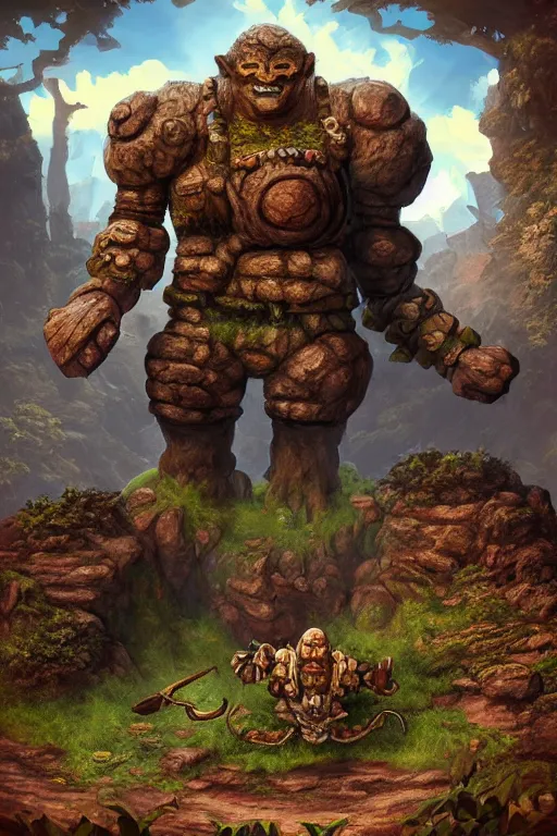 Image similar to zelda fantasy art giant golem troll wood rock greeble gemstone, global illumination ray tracing hdr fanart arstation by sung choi and eric pfeiffer and gabriel garza and casper konefal