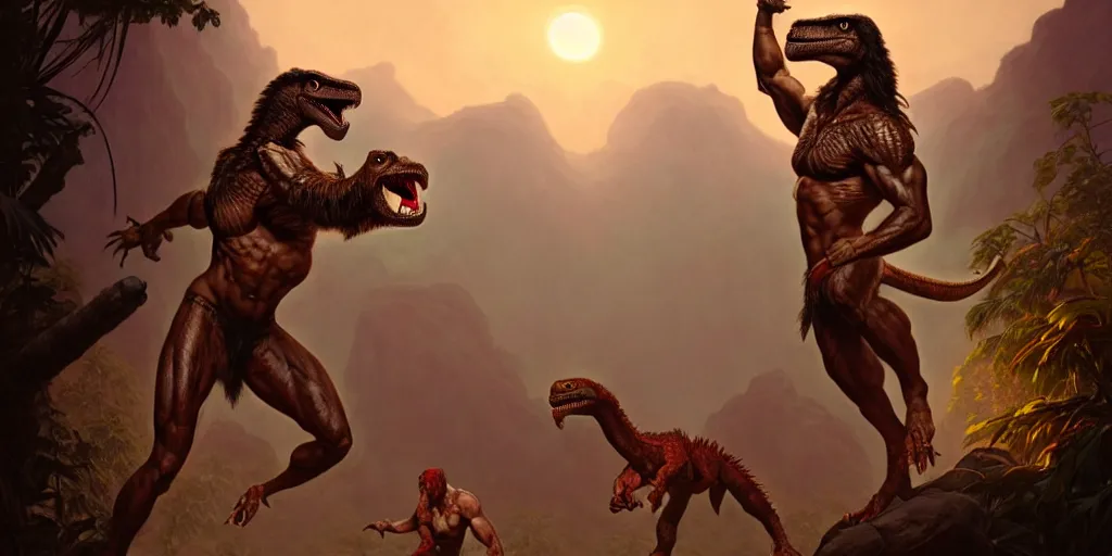 Prompt: a muscular caveman, heroic pose, with a velociraptor, in the jungle, sunset, volumetric light,, eerie, highly detailed, digital painting, artstation, concept art, matte, sharp focus, illustration, art by artgerm and greg rutkowski and alphonse mucha