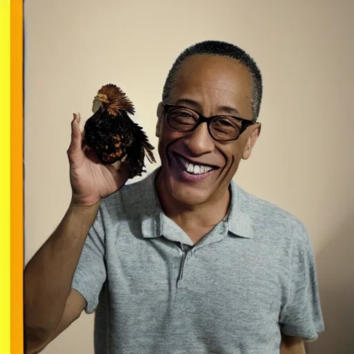 Prompt: gus fring smiling and holding a chicken nugget, infrared security camera night footage