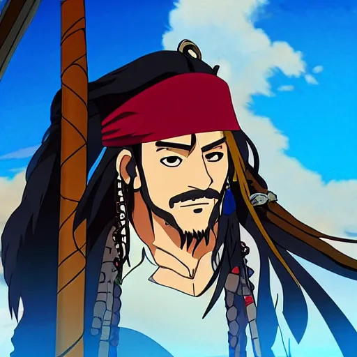 Image similar to Jack Sparrow as an anime character from Studio Ghibli. Beautiful. 4K.