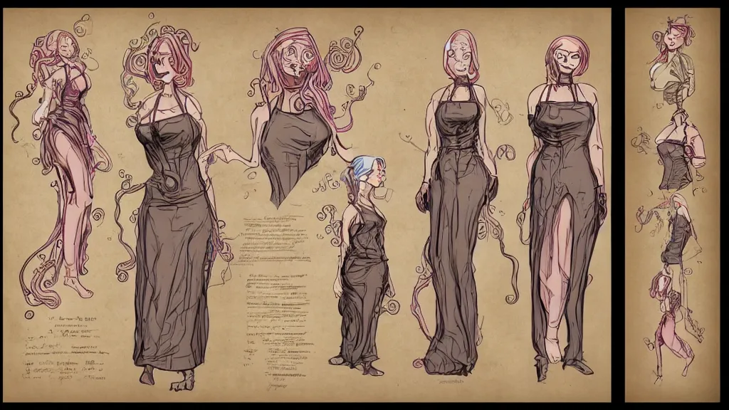 Image similar to aged paper, colorful character sheet for a stocky alien extraterrestrial female servant maid with thick snake - like tentacles instead of hair, long dress with apron, retrofuture, valerian, moebius, coherent, illustration, digital art, trending on artstation, hd, 8 k, good lighting, beautiful, rough paper, masterpiece