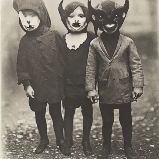 Image similar to portrait of children wearing devil masks, photograph, style of atget, 1 9 1 0, creepy, dark